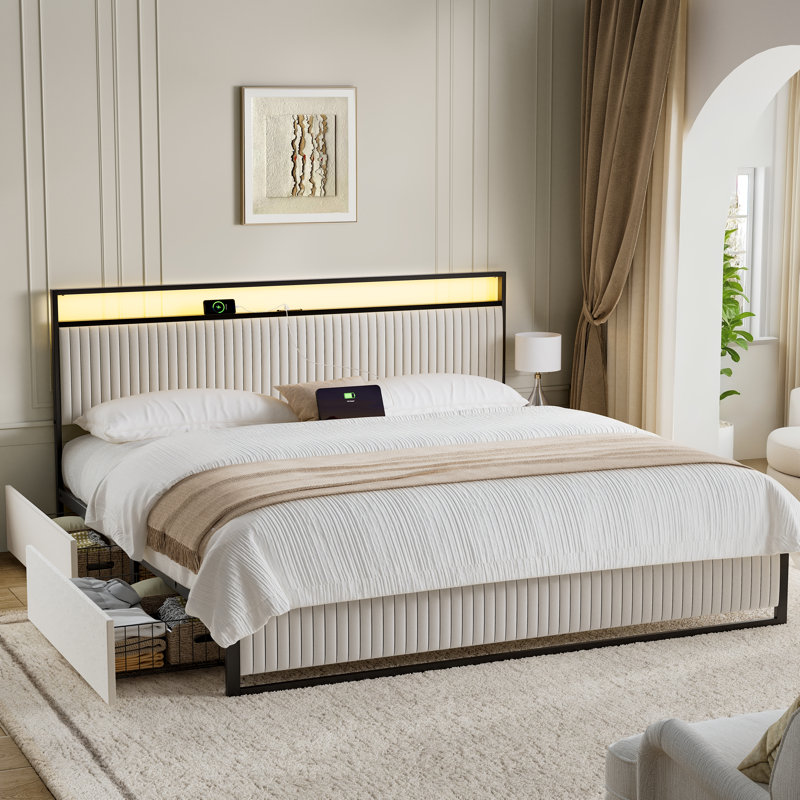 Antioch Upholstered Platform Bed with 2-Drawer Storage and Charging Station, King, Beige