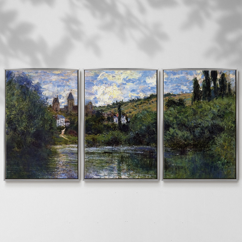 Vue de Vetheuil 3 pièces, H 40 po x l 78 po x P 2 po, Argent