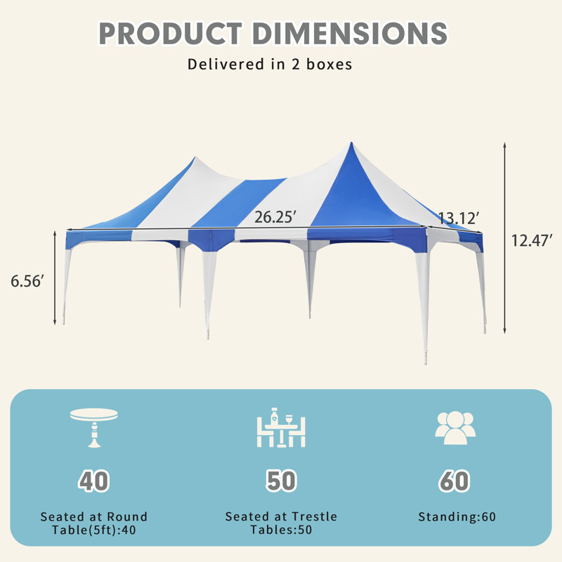 Tente de réception robuste de 13 pi x 26 pi, auvent de mariage à double sommet avec structure en acier galvanisé, tente de réception en polyester imperméable pouvant accueillir jusqu'à 60 invités, abri extérieur pour les mariages, les fêtes et les rassemblements, blanc et bleu