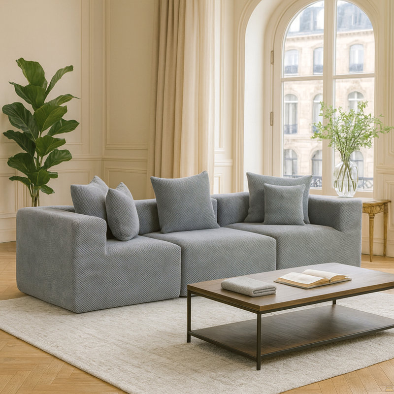 Modular 3-Seat Sectional Sofa, All-Foam Deep-Seat Couch, Gray Chenille