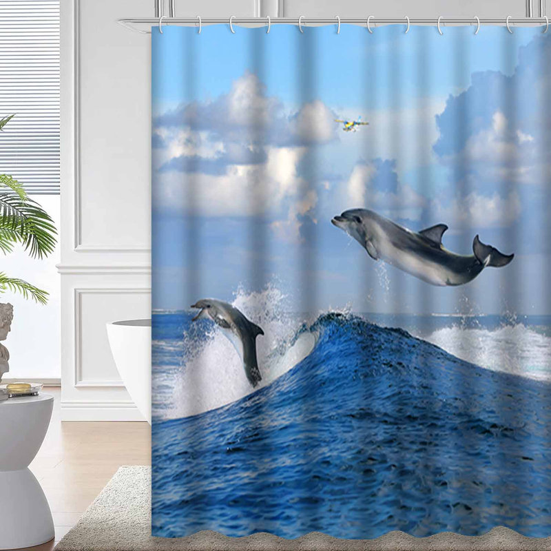 Magnifique rideau de douche imperméable avec 2 crochets Happy Seascape, L 72 po x l 78 po