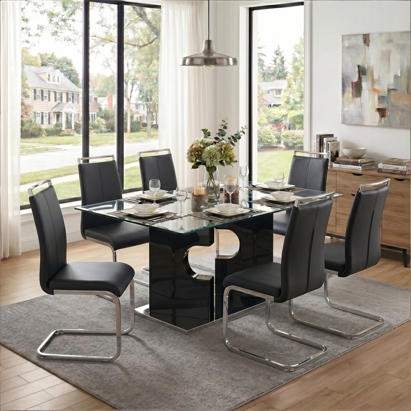 63"  Dining Table Set, Glass Dining Room Table Set with Open-Frame Legs and PU Leather Chairs, Black