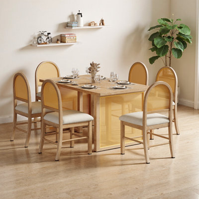 7-Piece Farmhouse Dining Set - Rustic Oak Table with 6 Rattan Chairs​