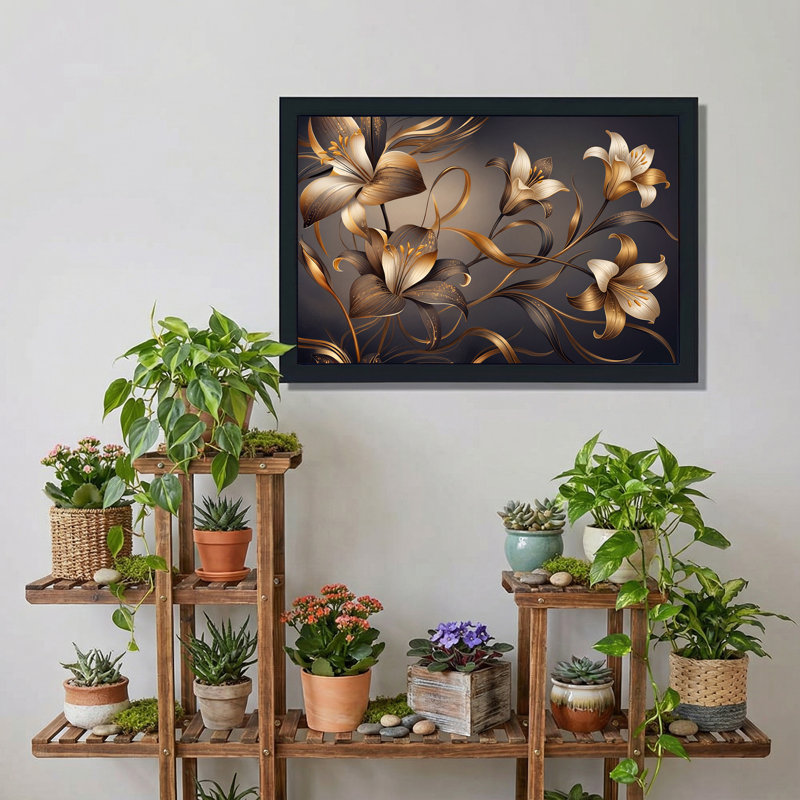 Art sur toile, lys bronze doré avec tiges fluides sur fond sombre, 16"H x 24"W