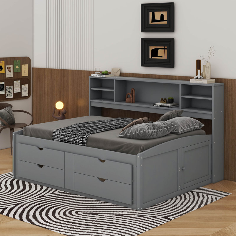 Lit de jour double en bois avec 2 tables de chevet, tablettes et tiroirs, Gris