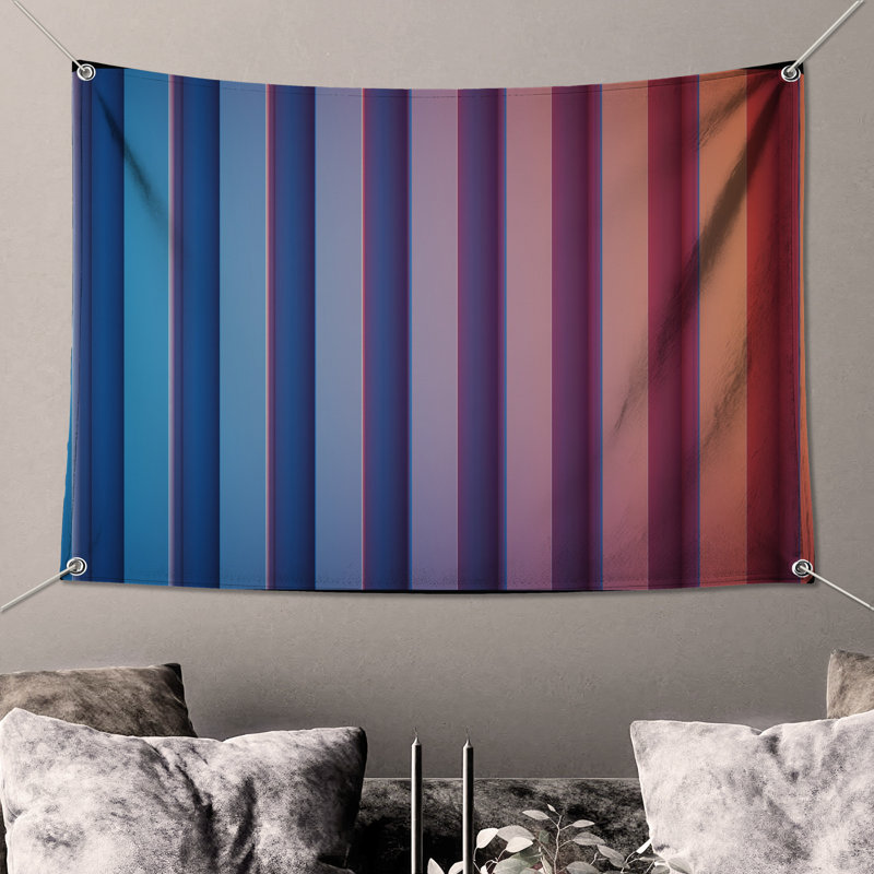 Tapisserie murale rayures verticales bleues et roses - Décoration murale rayures, H 50 po x l 60 po avec 4 œillets