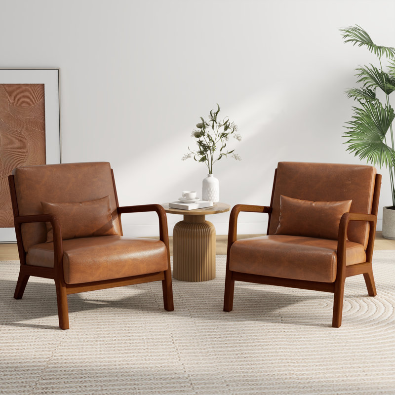 Fauteuil d'appoint Jyrin, Bois brun foncé, Similicuir brun clair Cesaria