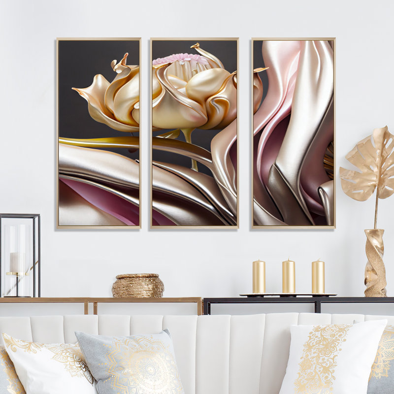 Élégantes fleurs glamour en or et taupe II - impression sur toile 3 pièces, H 28 po x l 36 po x P 1 po