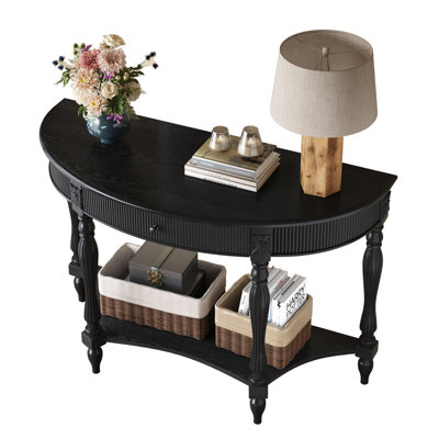 Console demi-lune en bois massif avec tiroir et tablette, table d'entrée incurvée à cannelures rétro pour vestibule de couloir, meubles d'appoint peu encombrants avec pieds romains sculptés, noir