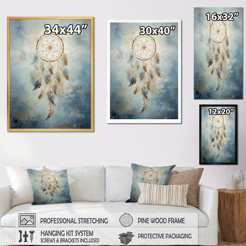 «Tranquility White and Blue Dreamcatcher II», reproduction sur toile, Cadre doré simple, H 40 po x l 30 po x P 1,5 po