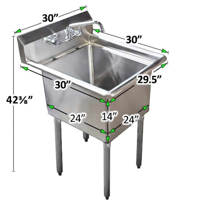 Express KitchQuip 30" W x 30" D Stainless Steel 1-Compartment Utility Laundry Sink with Faucet and Drain Basin