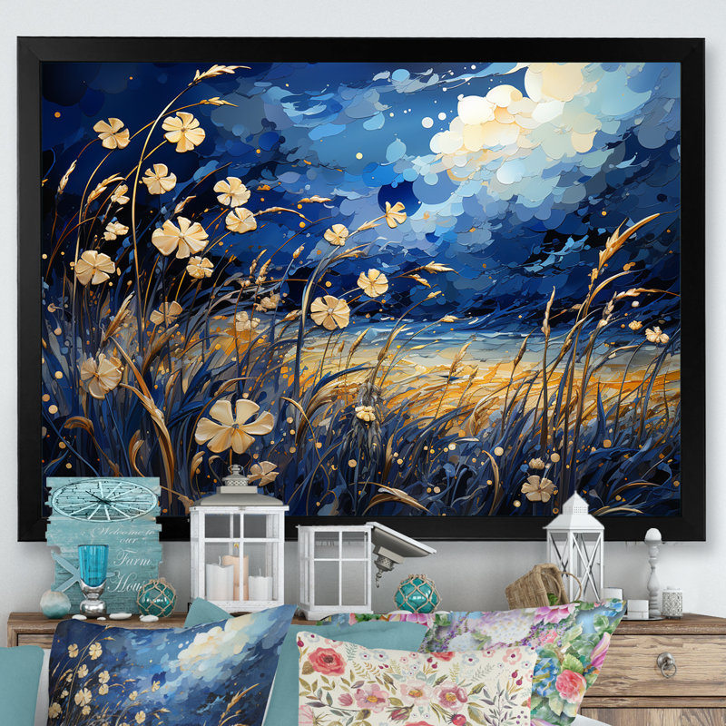 Coquelicots bleu marine - prairie, art mural, Cadre simple noir, H 24 po x l 32 po x P 1 po