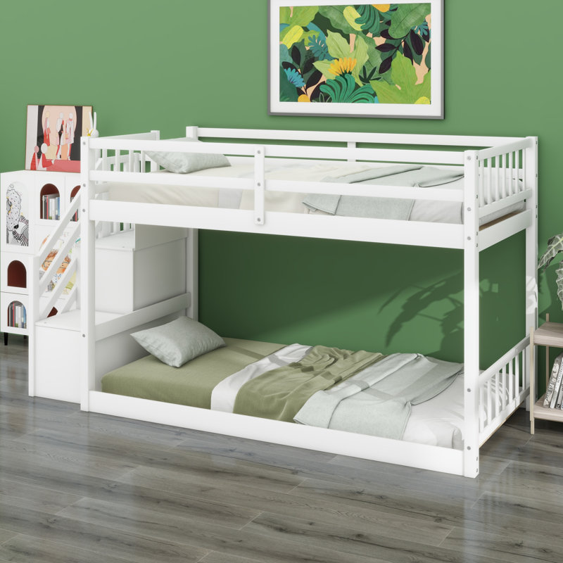 Floor Bunk Bed With Storage, White