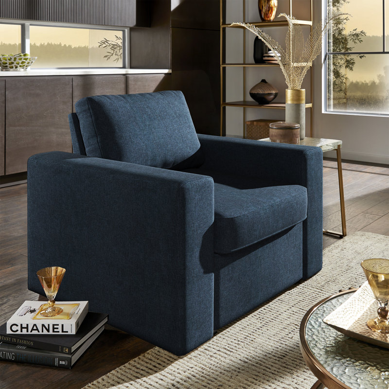Glen Park Upholstered Accent Chair With 1 Hidden Metal Wire Storage Drawer, Blue Linen