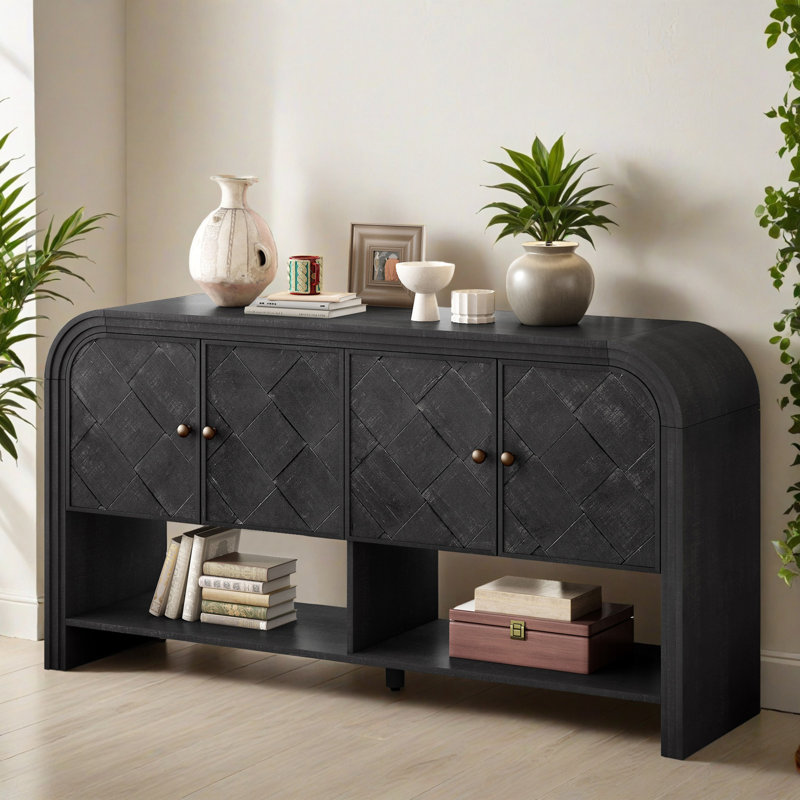 Buffet 59,82 po à 4 portes, armoire d'appoint moderne en bois massif minimaliste avec tiroirs et tablette ouverte, console de rangement pour le salon, couloir
