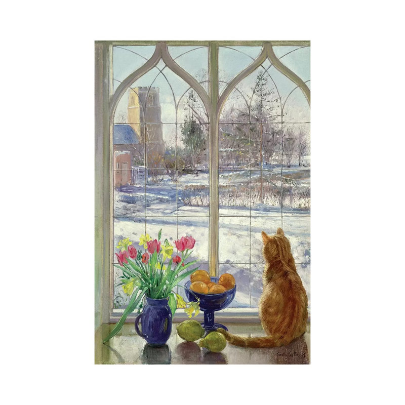 Snow Shadows And Cat by Timothy Easton - Painting on Canvas, 66.04 cm H x 45.72 cm W, Brown Framed