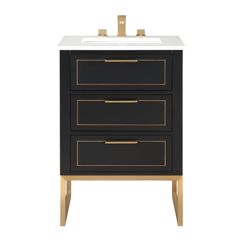 Markham 24'' W Single Vanity, Midnight Black, Universal Calacatta Quartz, Satin Brass