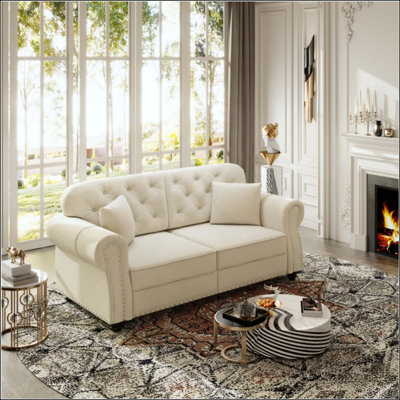 Canapé Chesterfield rembourré en velours avec garniture cloutée et accoudoirs roulés, canapé de style Mid-Century moderne capitonné, comprend 2 coussins