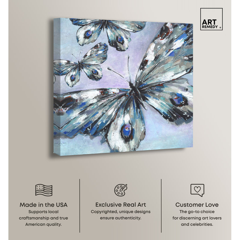 Blue and Gray Butterfly Trio Wrapped Canvas Wall Art, 12" x 12"