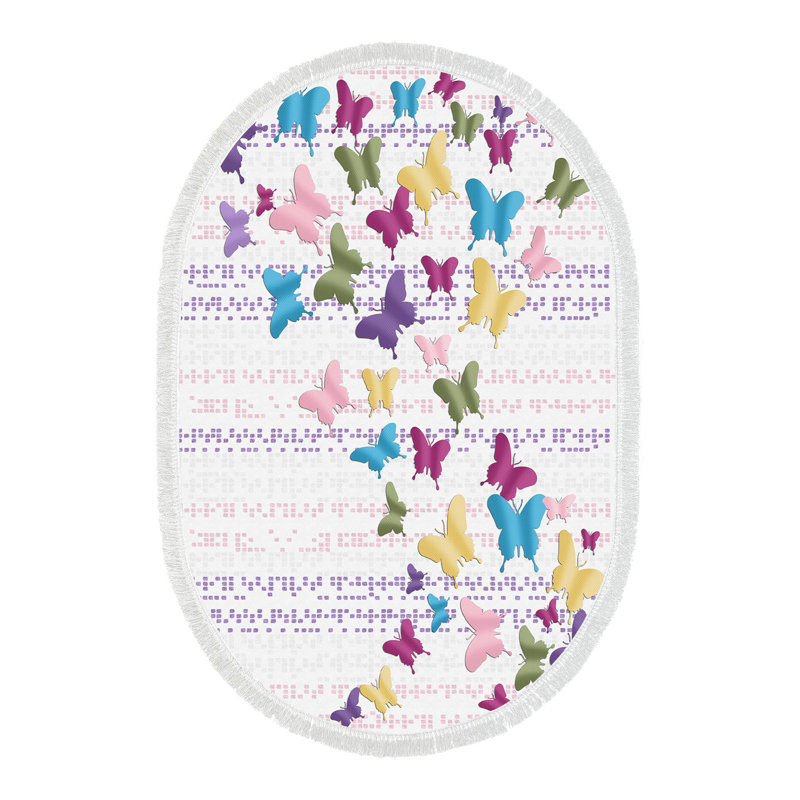 Tapis bleu / rose / jaune en polyester tissé à plat Cyprien, Ovale 3 pi 11 po x 5 pi 11 po