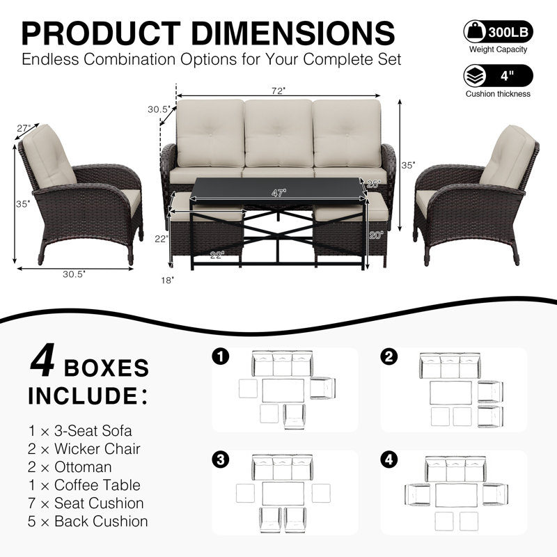 5-Person PE Wicker Outdoor Patio Set With Sofa,Chairs,Ottomans,Coffee Table & Beige Cushions, Beige