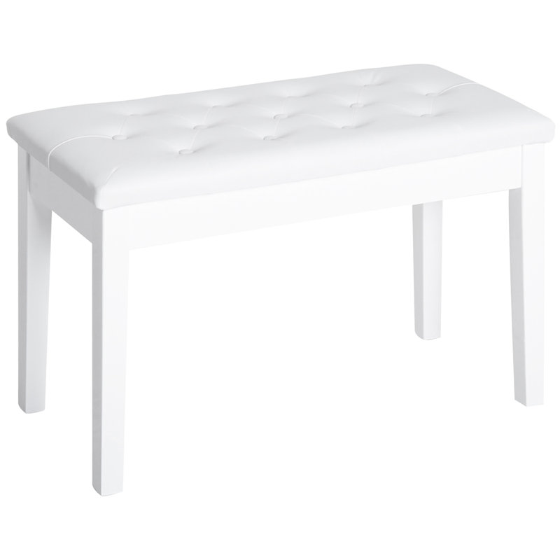 White Piano Chair With Faux Leather Padding And Firm Wooden Support For Duets Bench, Frame Button Cushion, Ideal