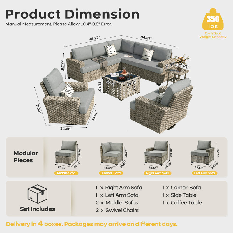 Ensemble de conversation modulaire d'extérieur en osier pour 7 personnes avec chaises pivotantes et coussins, ensemble de conversation pour patio avec table basse éclairée