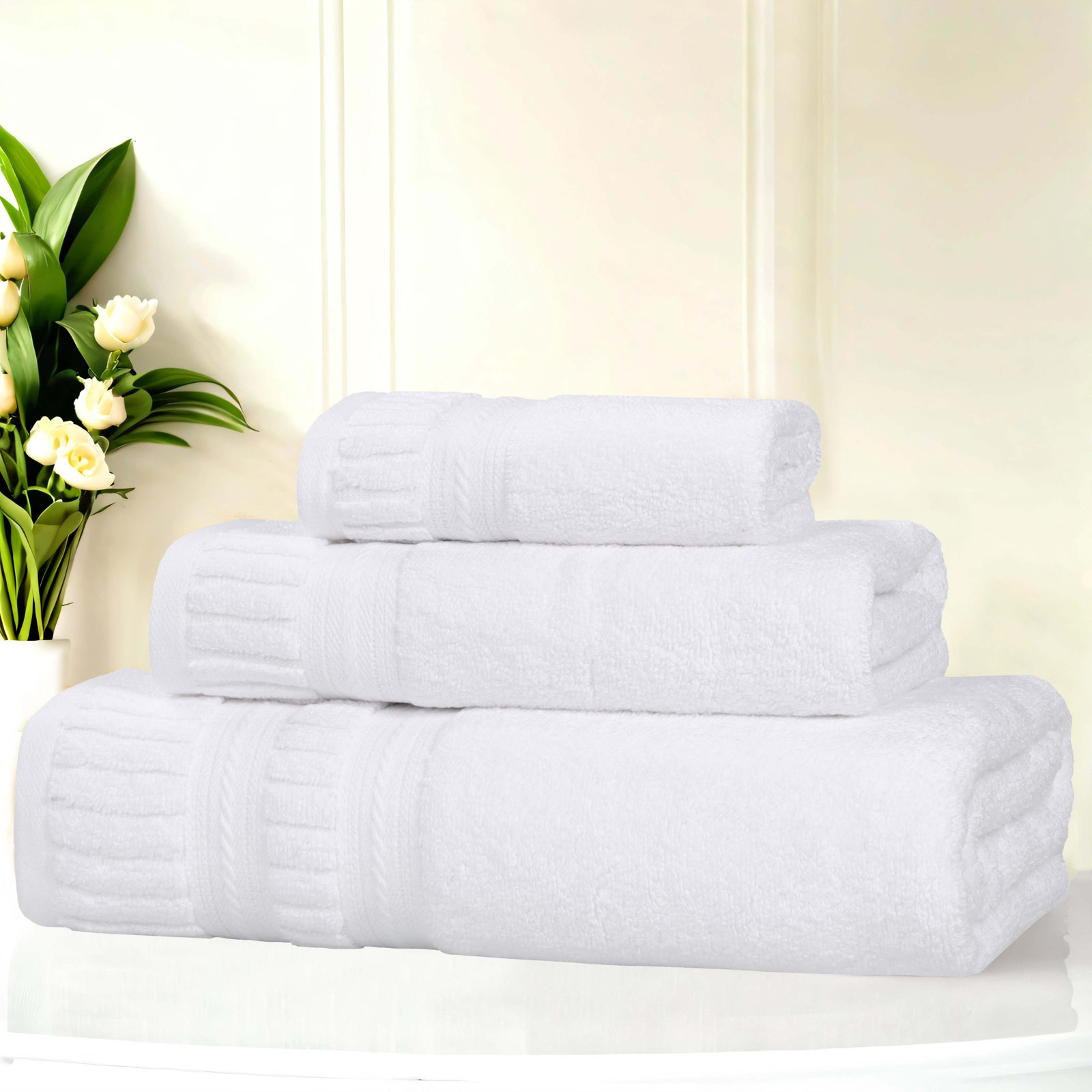 Zero-Twist Cotton Towel Set, White, 3 Piece Towel Set
