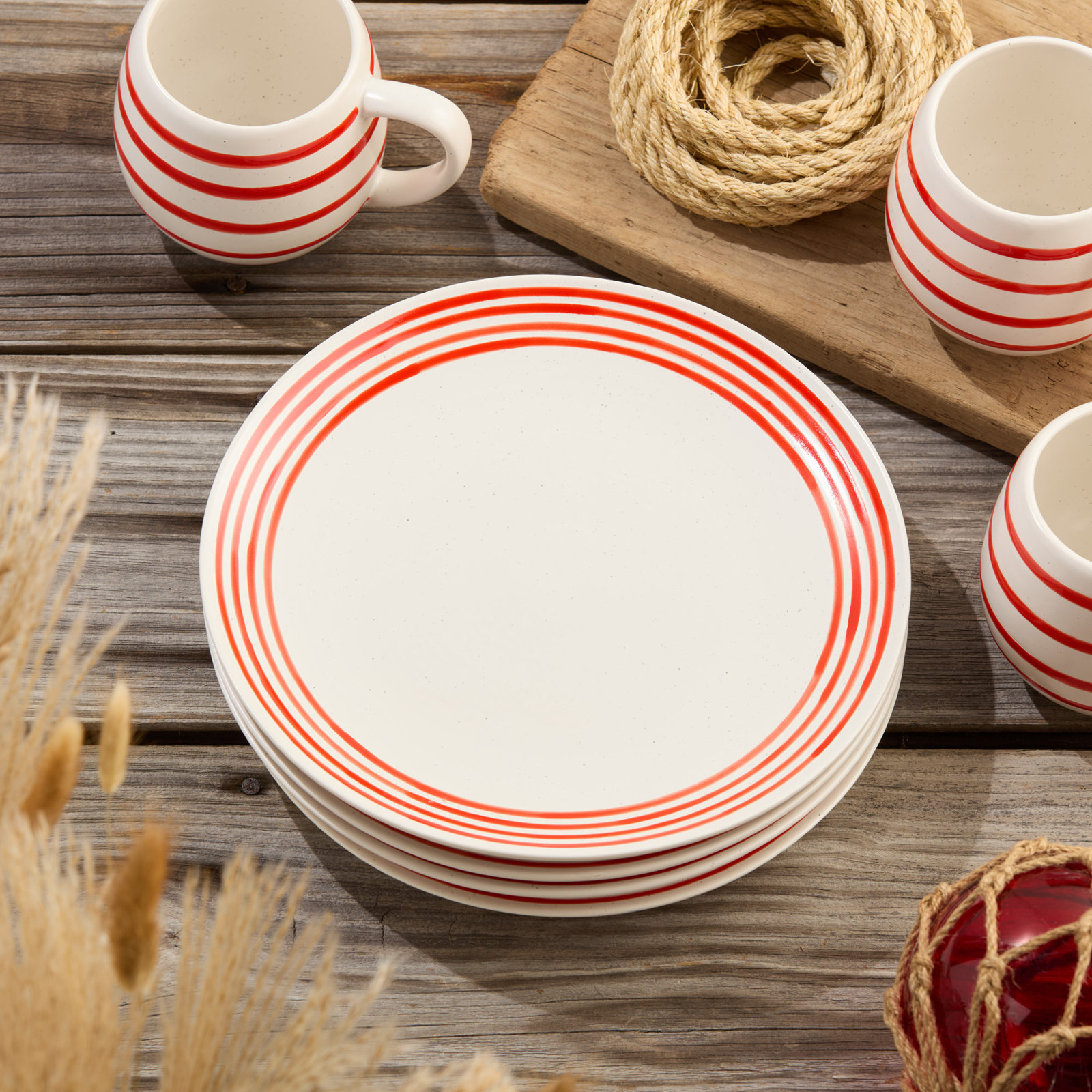 Dockside Red Stoneware Dinner Plates – Set of 4, 11-Inch Nautical-Inspired, Chip-Resistant  for Dining & Entertaining. Perfect for serving full meals, including pasta, salads, or seafood dishes.