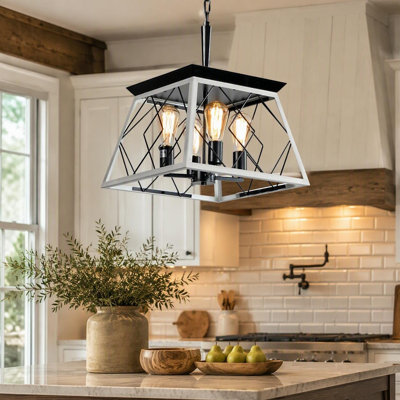 Modern Cage Farmhouse Chandelier White Faux Wood Industrial Rustic Pendant Light for Dining Room Kitchen Island 16in 4 Lights E26 Base