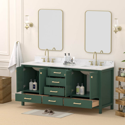 72" Solid Wood Freestanding Double Bathroom Vanity With Engineered Stone Top