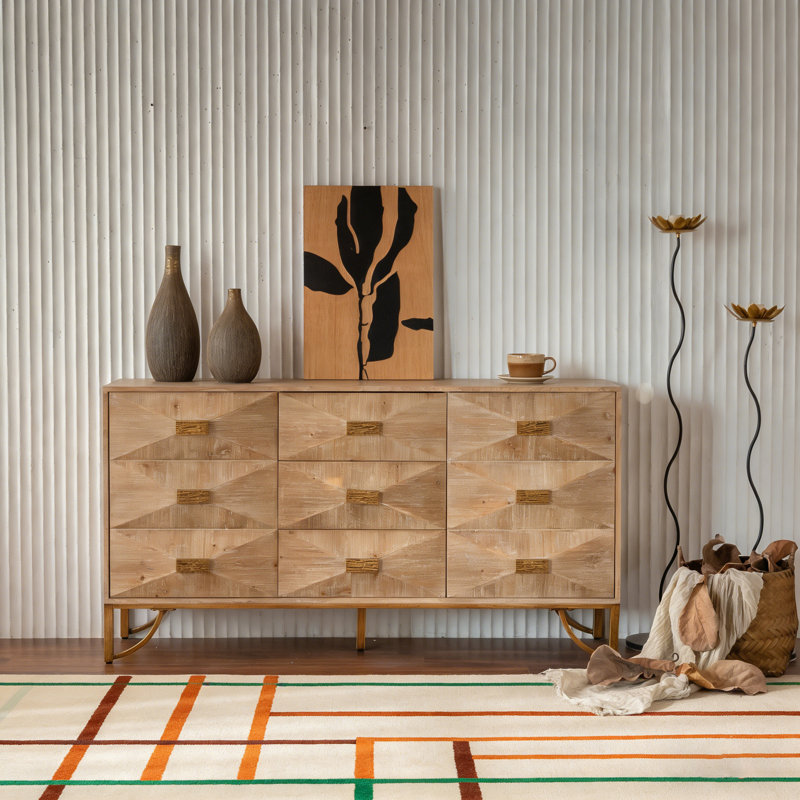 Storage Sideboard With 3 Drawers & 2 Doors, Light Wood & Geometric Design