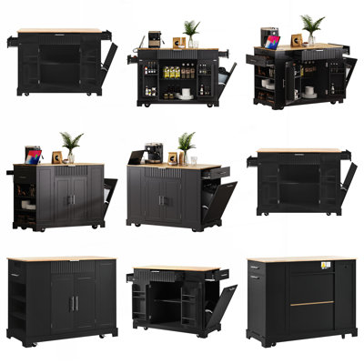 Fluted Kitchen Island with Trash Can Storage, Power Outlet, and Rolling Wheels for Modern Kitchens.