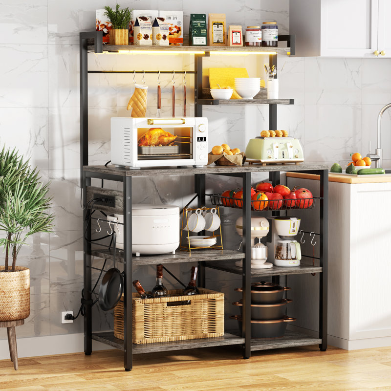 32’’ Kitchen Bakers Rack With Power Outlet And LED Light Strings, Black Oak