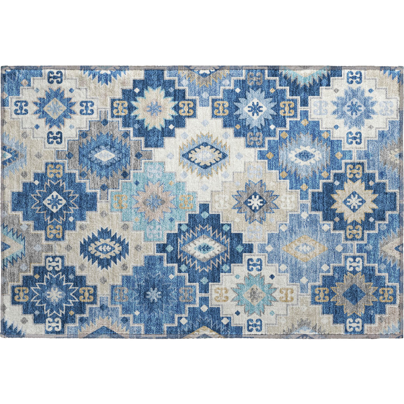 Premium Machine Washable Mayfield  Ethnic Rug, 1'8" x 2'6", Blue