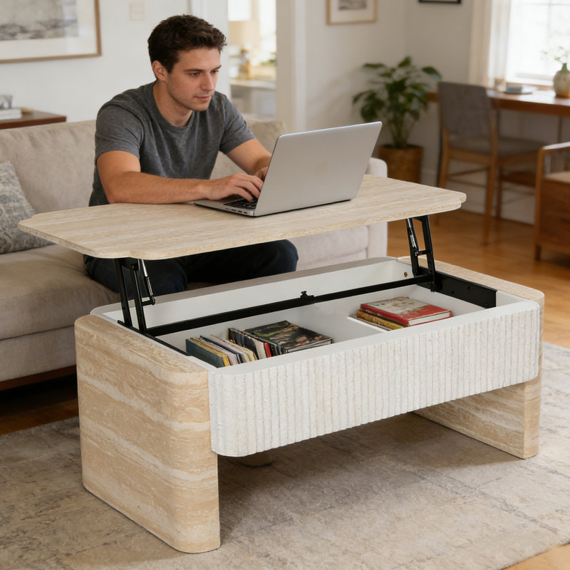 Table basse à plateau relevable moderne avec rangement caché et bureau extensible en bois