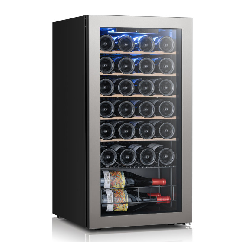 Réfrigérateur à vin 28 bouteilles avec porte réversible Ca'lefort, tablettes réglables, refroidisseur à vin à contrôle de température précis de 37 à 65 ° F, système de refroidissement à compresseur, éclairage DEL à 3 couleurs, réfrigérateur à vin à porte en verre à 2 couches, parfait pour la cuisine, la salle à manger, Bar personnel