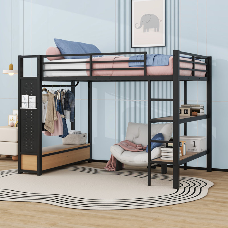 Metal Loft Bed With 2 Drawers, Shelves And Pegboards, Full