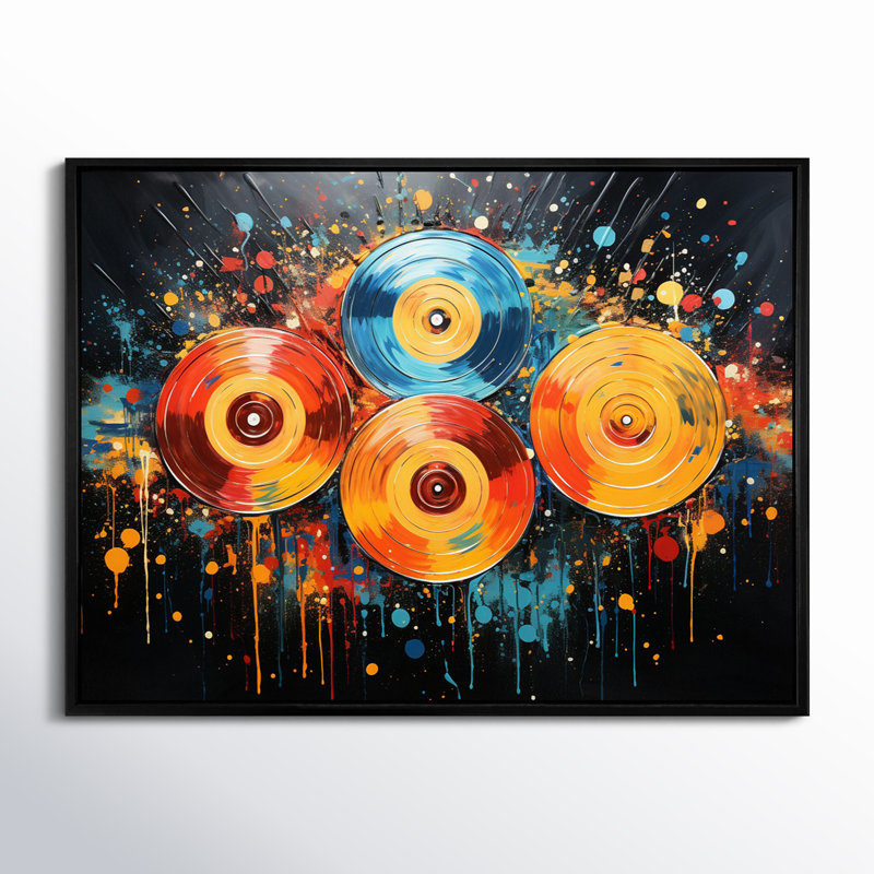 Disque vinyle, rainure rétro I sur toile, Cadre flottant noir, H 24 po x l 32 po x P 1 po