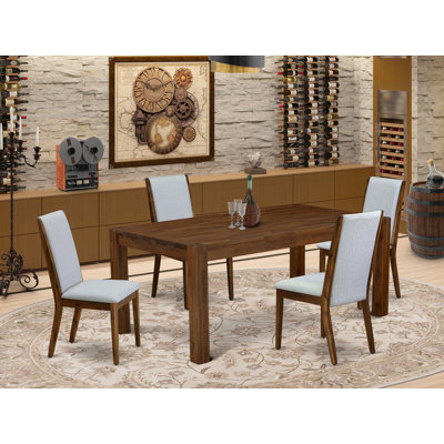 5 Piece Kitchen Table Set for 4 Includes a Rectangle Rustic Wood Dining Room Table and 4 Grey Linen Fabric Upholstered Chairs, Antique Walnut