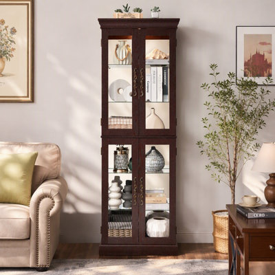 Lighted Glass Curio Display Cabinet,Display Cabinet,Glass Storage Cabinet Glass Wine Cabinet Wood Frame Toy Display For Living Room, Kitchen, Pantry Bulb Included