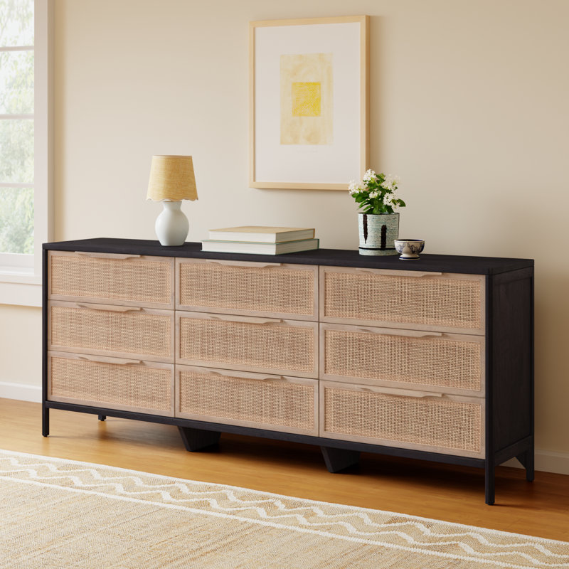 Nellie 9 Drawer Cane Dresser, Black/Natural
