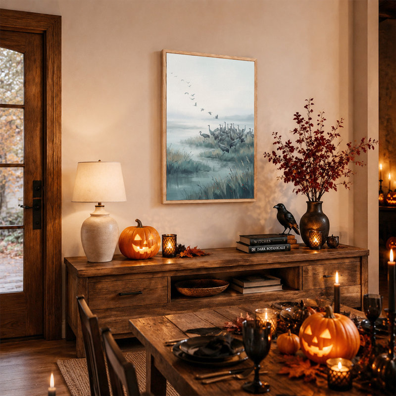 Vol de grues volant au-dessus d'un marais - Toile murale d'Halloween, 36"H x 24"W