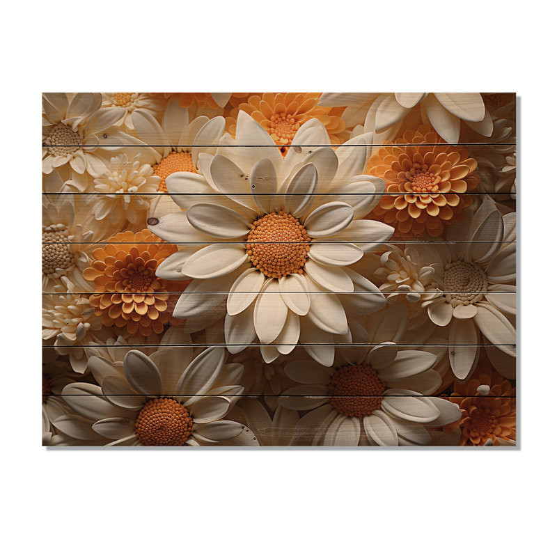 Fleur de marguerite blanche et orange - marguerite, art mural sur bois de pin naturel, H 30 po x l 40 po