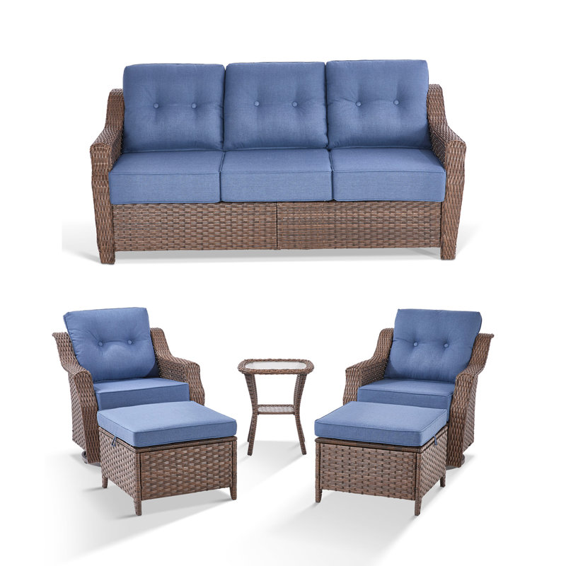 Mobilier de patio 6 pièces en osier brun avec coussins, Bleu