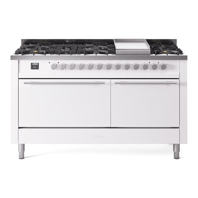 Cuisinière à double combustible ILVE Professional Plus II Series 60 po avec 9 brûleurs scellés et plaque de cuisson (gaz naturel, porte pleine)