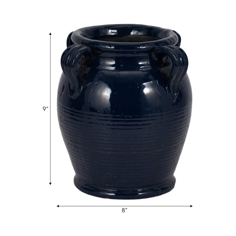 Ceramic/Porcelain Table Vase, 9" H x 8" W x 8" D, Glossy Blue