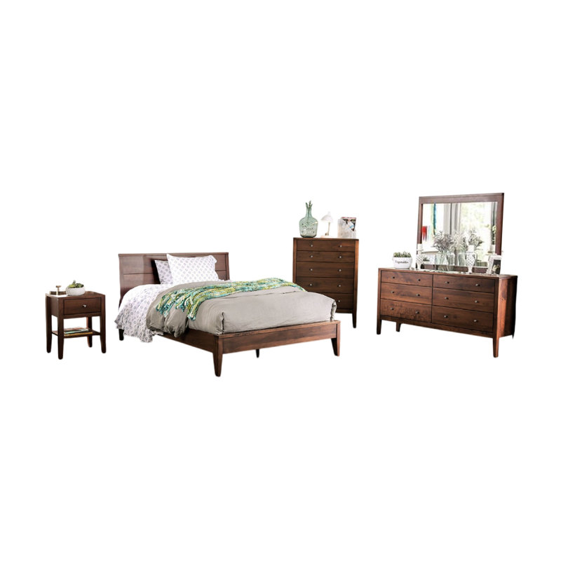 Ensemble de lit grand 5 pièces avec commode, commode, bois sablé à la main Finn