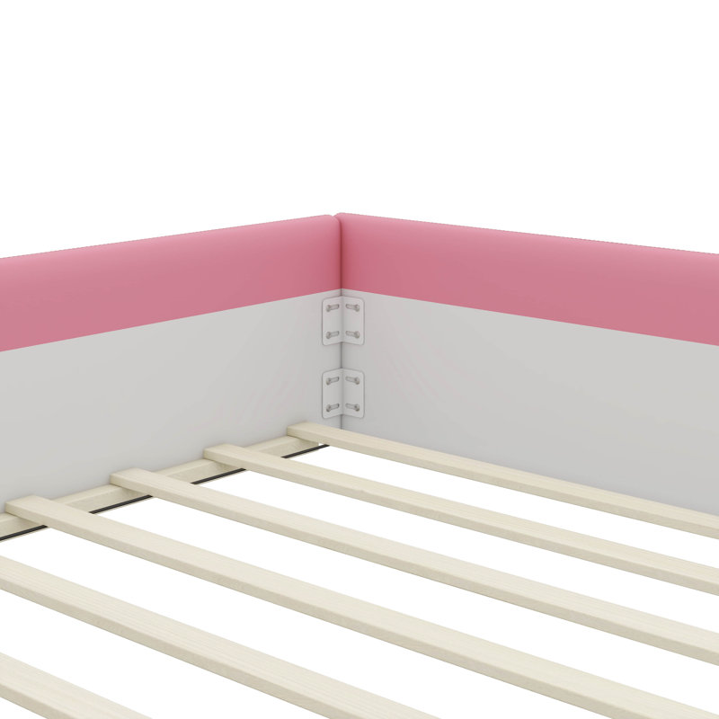 Upholstered Daybed Frame With Fence And Stairs, King, Pink/White