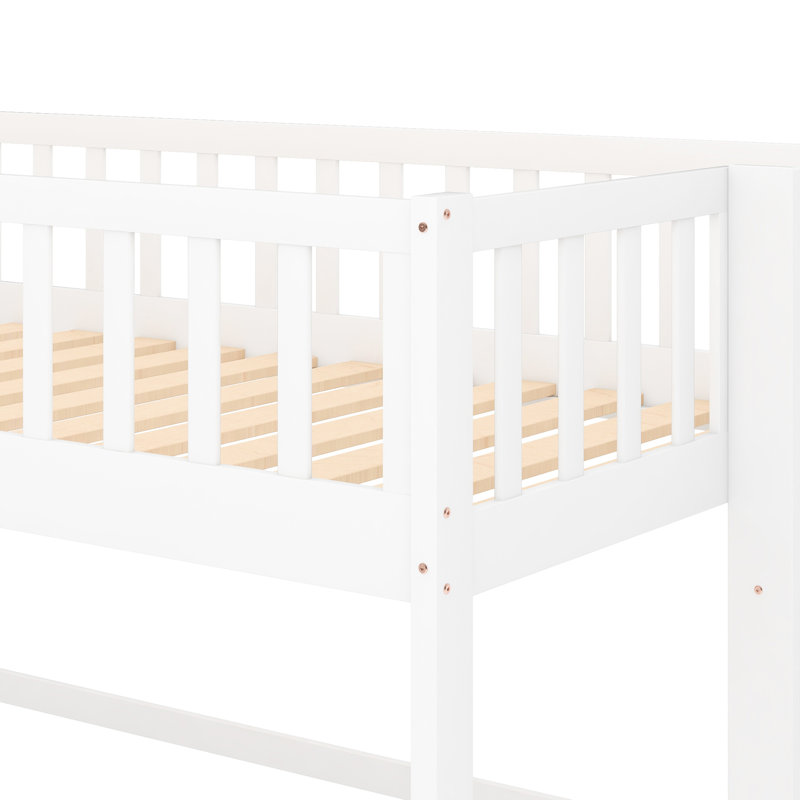 Lit simple mezzanine bas blanc avec glissade pour une chambre amusante - Fabriqué en pin, espace vertical, espace de jeu amovible et amovible en dessous